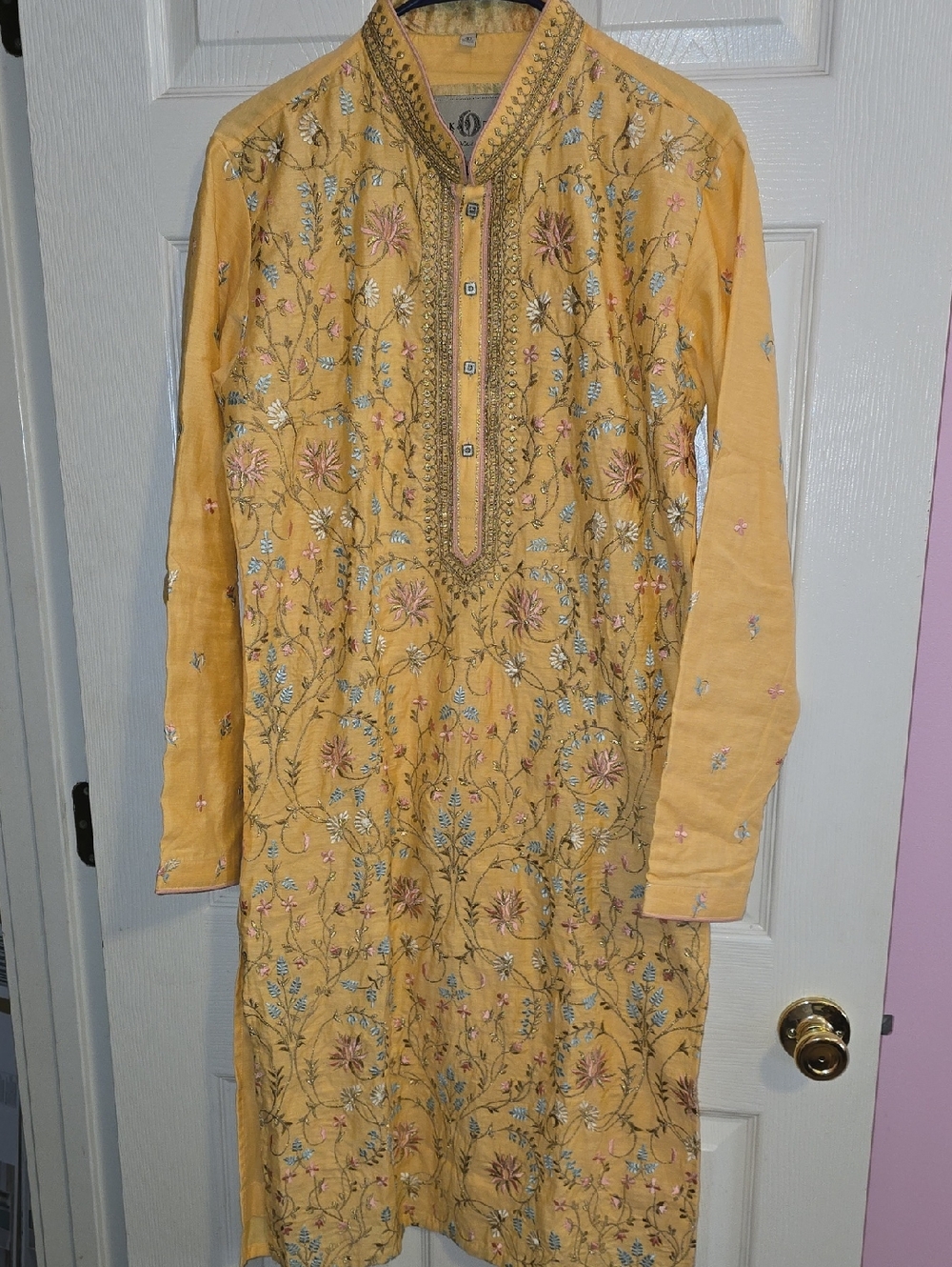 Classic Yellow Embroidered Men’s Kurta with Stand Collar